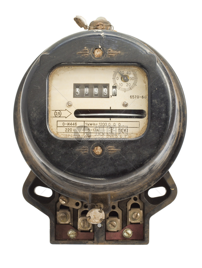 旧的古老生锈电能仪表器白纸上图片