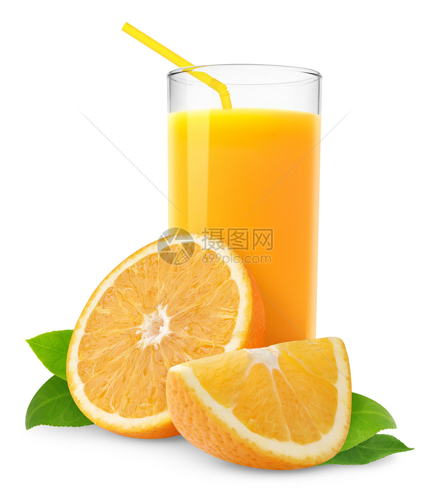 橙汁和橙片上白色隔离图片