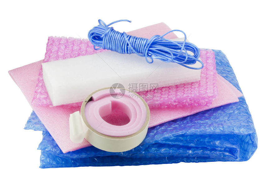 软包装材料套件薄膜泡沫橡胶带绳索在白色上隔图片