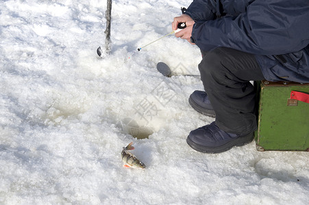 冬天在河上的冰下捕鱼图片