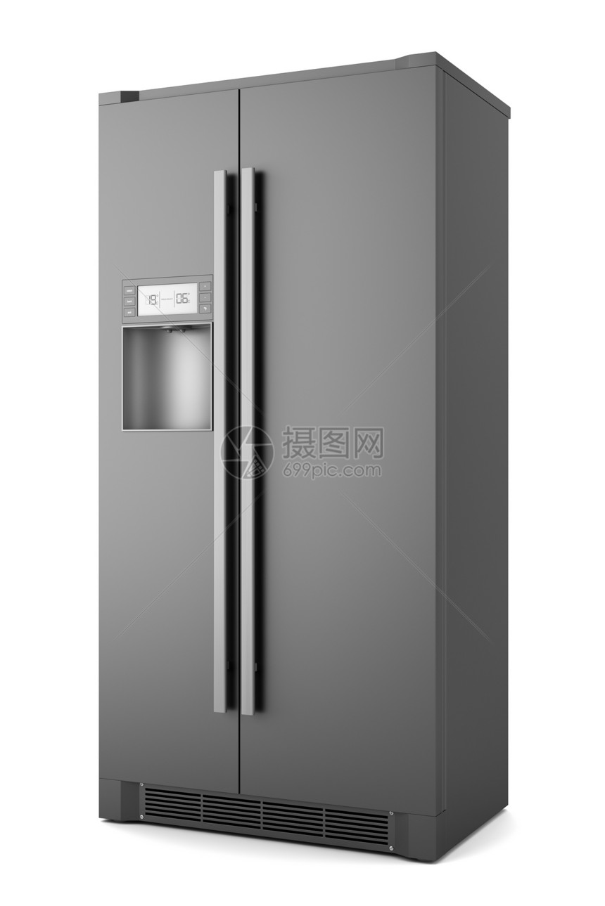 以隔离的现代单一黑色电冰箱图片