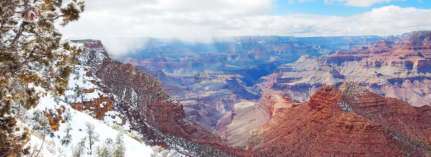 冬天的大峡谷全景白雪皑蓝天清澈图片