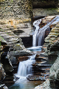 纽约州WatkinsGlen州立公园森林中岩石和溪图片
