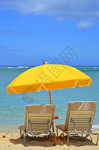 具有复制空间的热带海滩上亮黄色海滩伞和休息厅图片