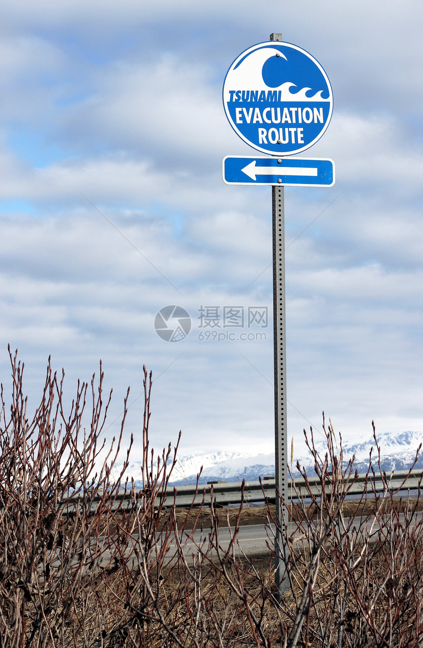 路边的蓝色和白色海啸后送路线标志图片