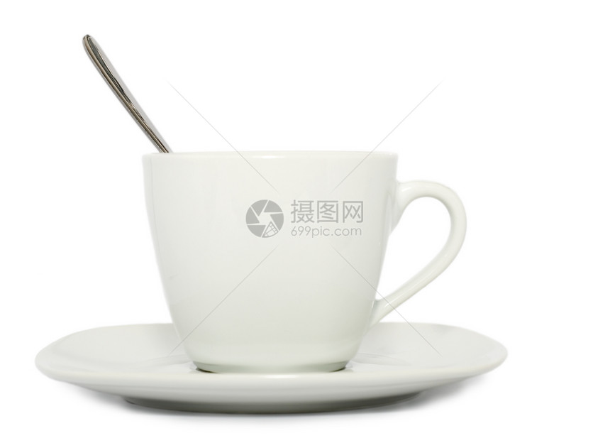 茶碟上杯咖啡杯茶汤匙在白图片