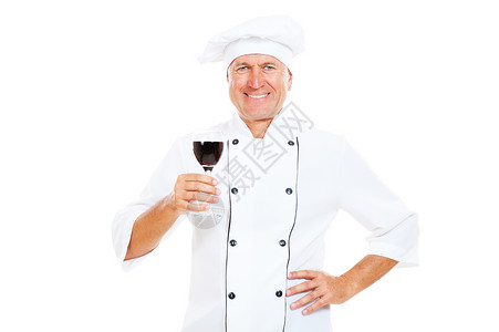 带着红葡萄酒的笑厨师肖像以图片