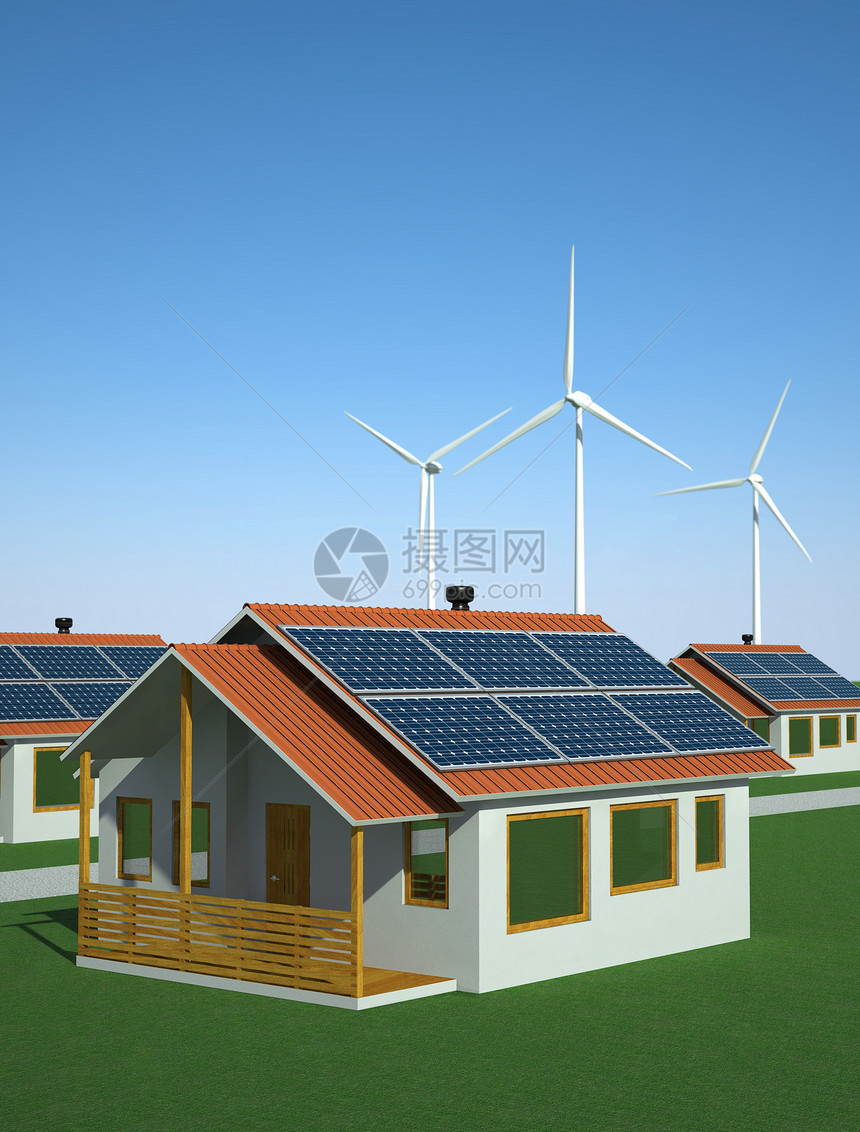 拥有太阳能和风能的房屋替代能源概图片