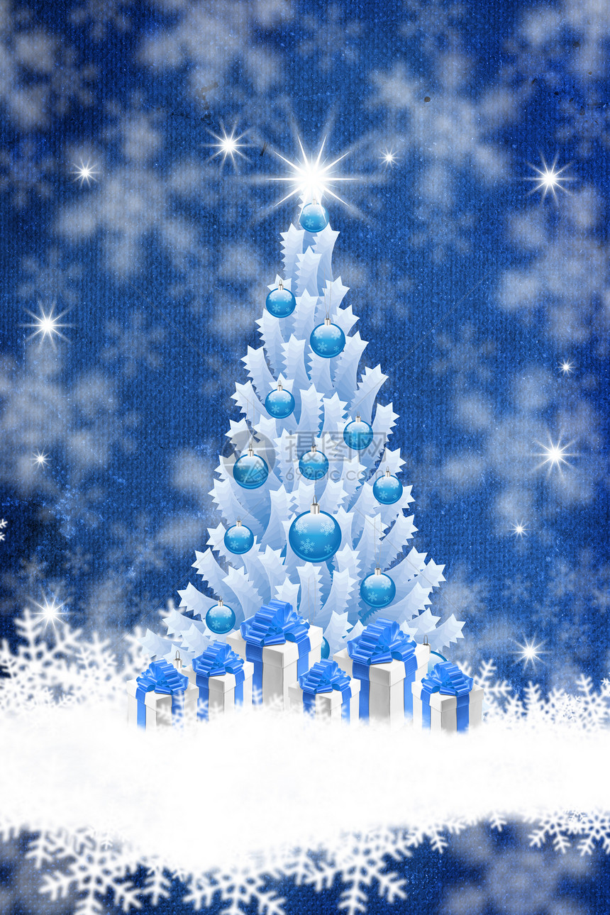 与雪花圣诞树和礼物的蓝色背景图片
