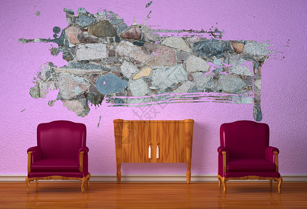 两张豪华的椅子配有木制控台和紫背景图片