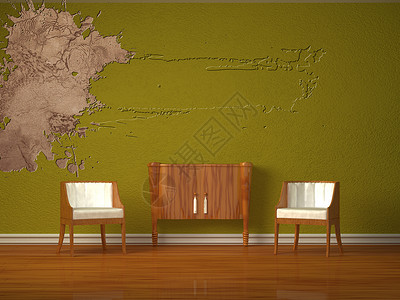 两张豪华的椅子配有木制控台和背景图片