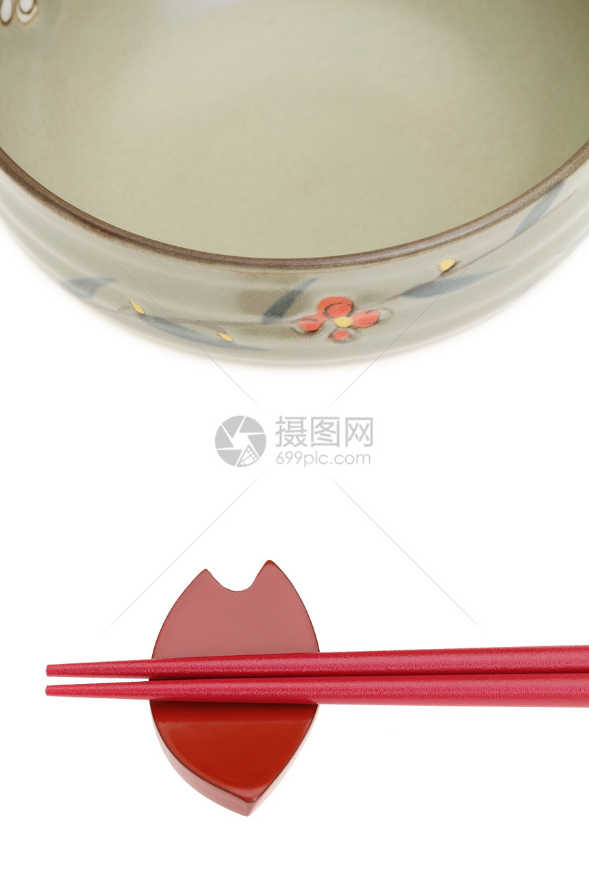 筷子和饭碗隔离在白色背景图片