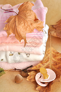 秋叶粉色奶嘴和一堆婴儿衣服图片