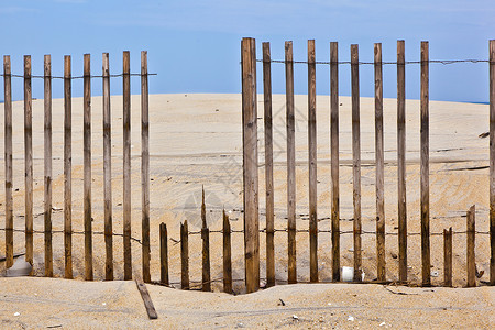 保护受风破坏的美丽自然海滩沙丘的围栏图片