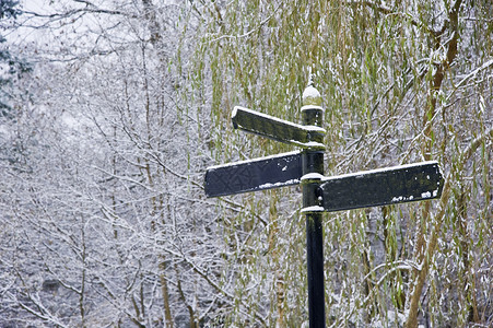 在雪盖着的公园中空放三个方向标志图片
