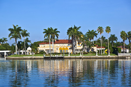 美国南迈阿密运河的豪华住宅校对P图片