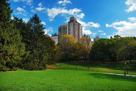 纽约市曼哈顿中央公园秋天的全景图片