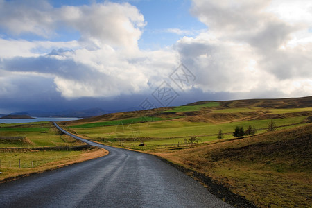 冰岛鲜绿色的田野和丘陵中的道路图片