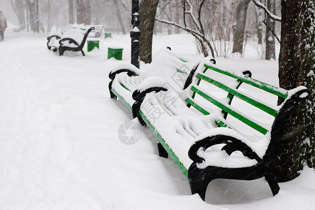 冬季公园的绿色积雪长椅图片