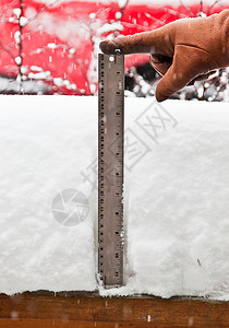 戴手套的手用尺子测量降雪量背景