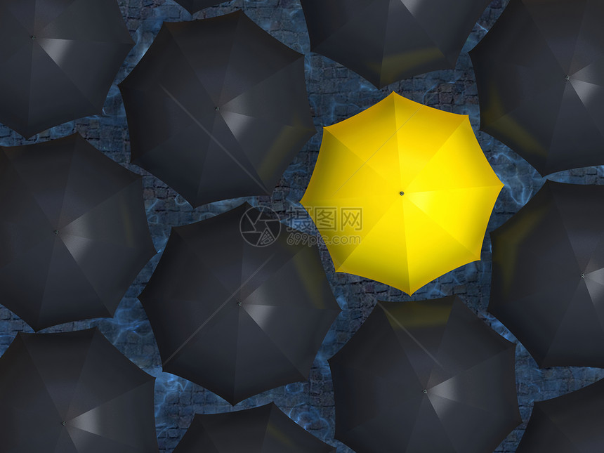 黑色雨伞中的亮黄色雨伞图片