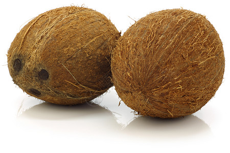白色背景上的两个新鲜椰子背景图片