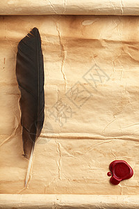 蜡封ps素材用蜡封印在白纸上的羽毛笔背景