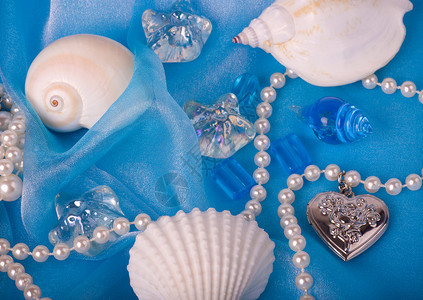 美丽的异国贝壳和石头蓝色背景中的珍珠图片