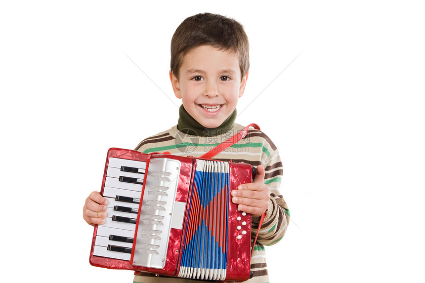 可爱的孩子玩红手风琴在白面图片