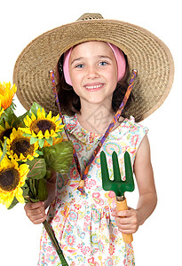 小女孩园艺员带草帽白图片