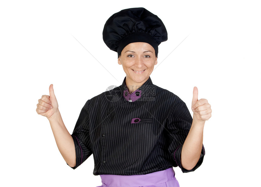 漂亮的厨师女人在白色背景上说好的图片