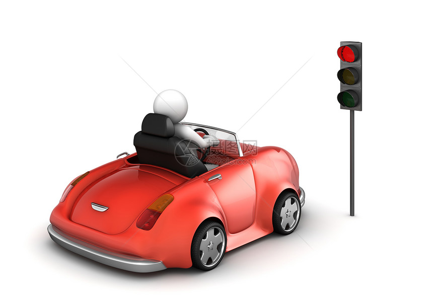 红色计程车在红色交通灯信号白色背景微型机器系列中图片