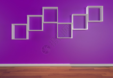 在紫色墙壁上的箱子架与木地板背景图片