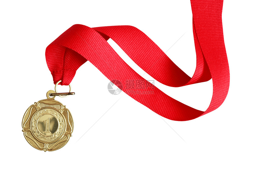 金奖章白背景上印有红丝带的图片