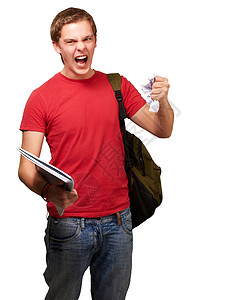 愤怒的年轻学生男子在白背景上图片