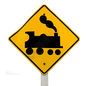 当心火车蒸汽标志路标在白色背景上隔背景图片