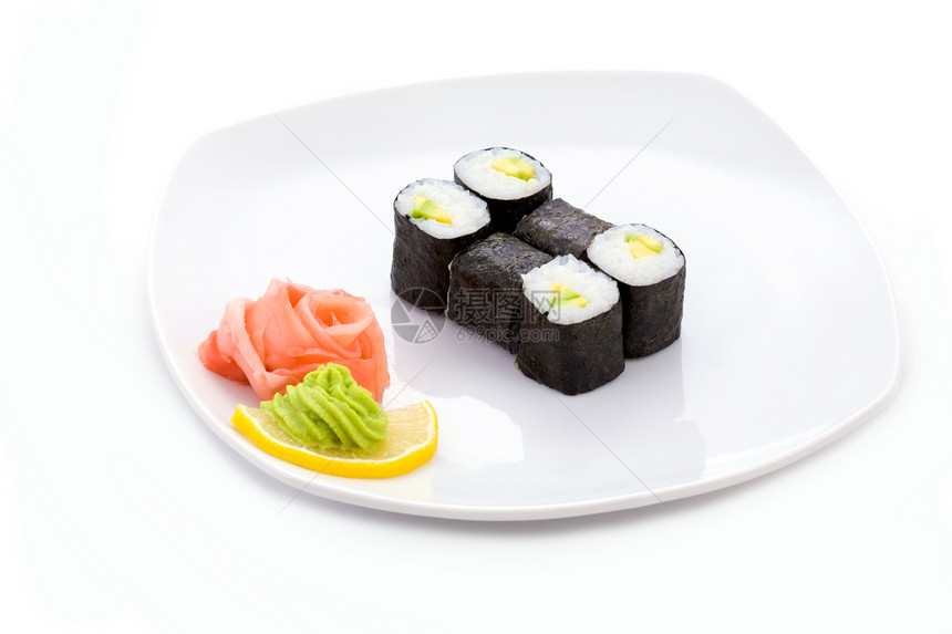 寿司卷配腌姜和芥末的图片图片