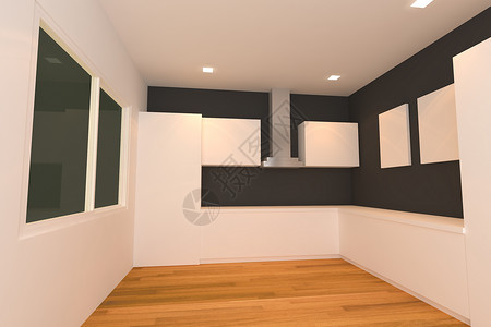 白色和黑色墙壁的厨房间的空荡的室内设计图片