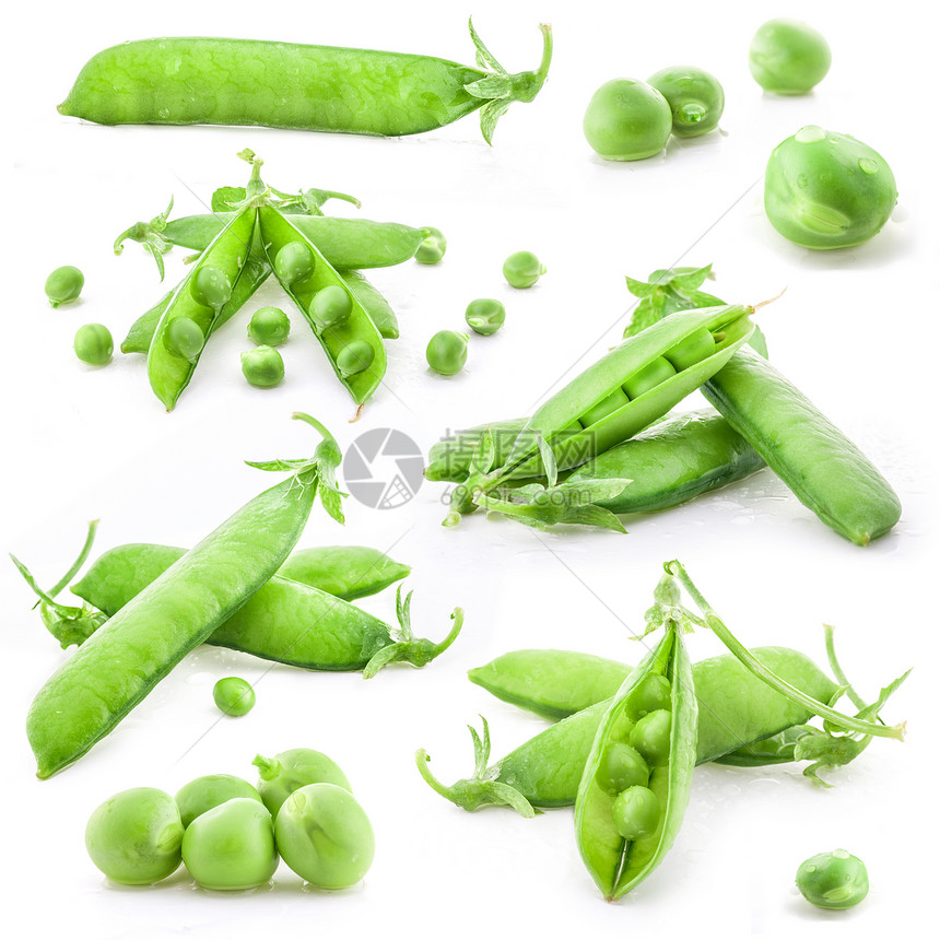 收集新鲜绿色的绿豆和带水滴的豆子图片