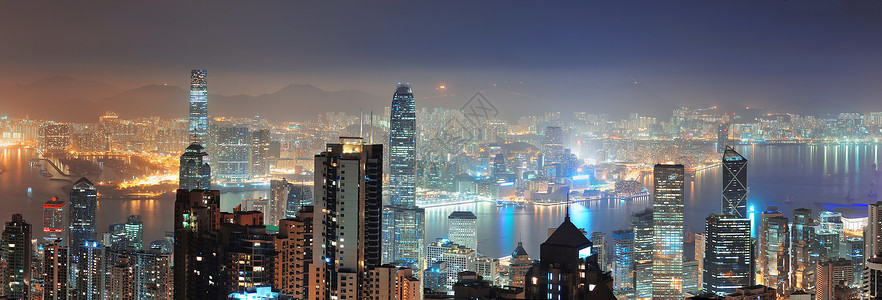 香港市的天线全景与维多利亚港和摩天大楼在夜幕下由高山图片