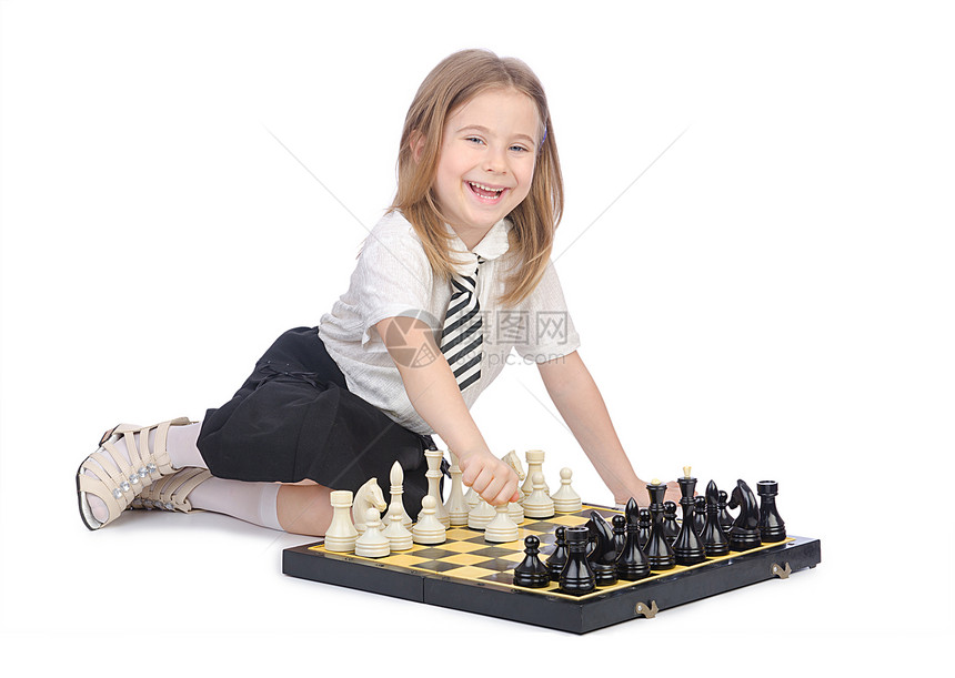 可爱的女孩在白色下棋图片