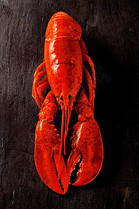 黑石板桌上的熟龙虾背景图片
