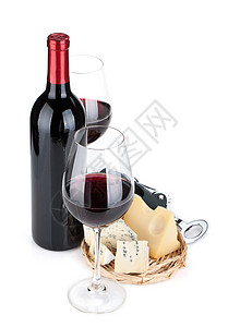 红酒和奶酪在白色背景上被隔离图片