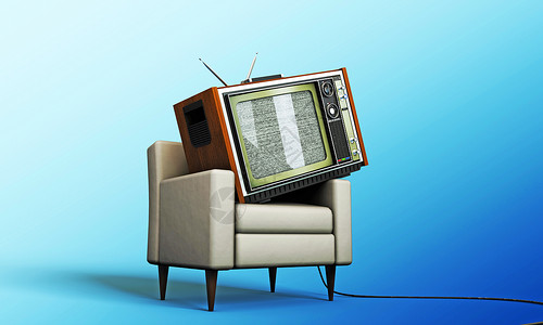 旧电视在白色扶手椅上放松与图片