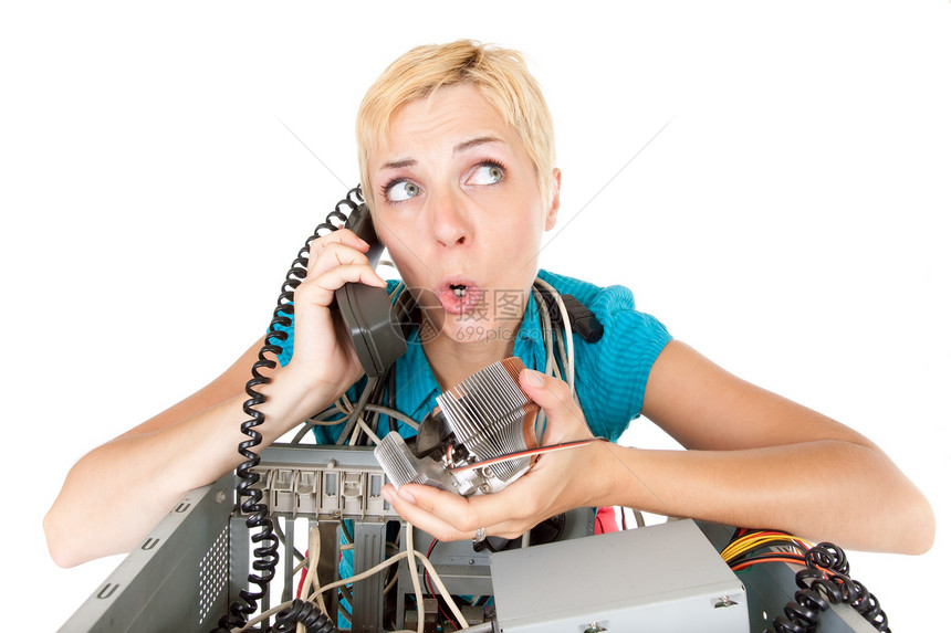 混淆不清的妇女拨打计算机技术支图片