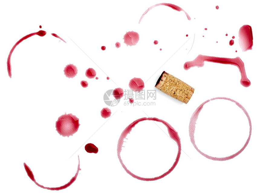 白色背景的红酒污点和开瓶器与图片