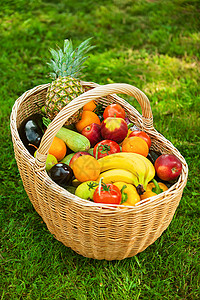 有水果和蔬菜的大篮子在绿色草地上背景图片