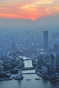 上海鸟瞰图与城市建筑和日落图片