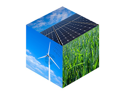 风力涡轮机太阳能电池板和麦田立方体中的可再生能源照片图片