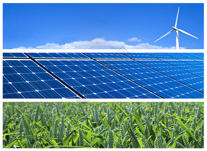 风力涡轮机太阳能电池板和麦田可再生能源横幅图片